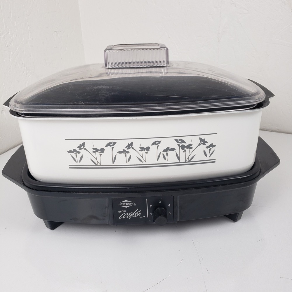 West Bend Slow Cooker 6 Qt White Floral Pot with Griddle Base and Lid 300W